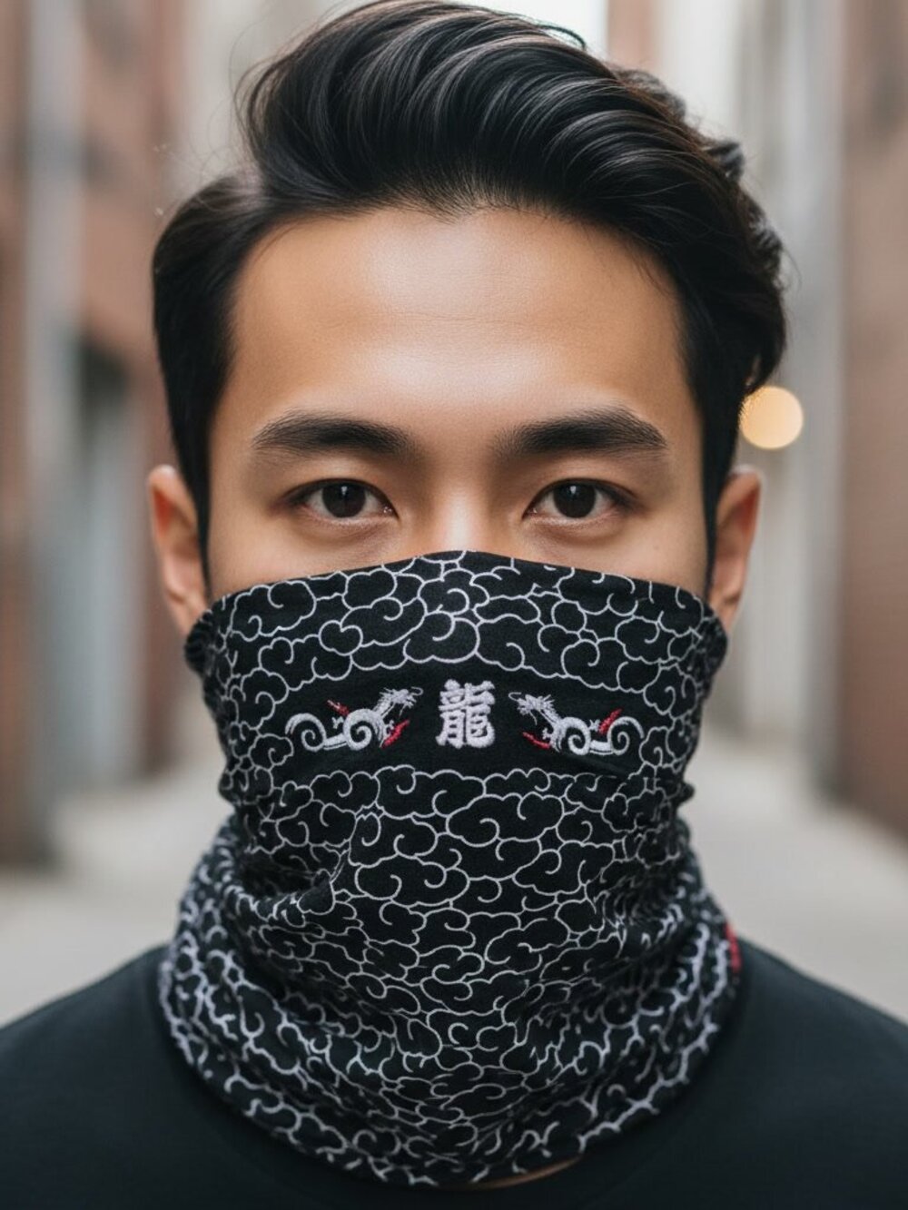 Vintage Style Japanese Dragon Bandana - Black & White Cloud Pattern Headwrap